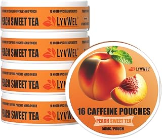 LyvWel 56mg Caffeine Energy Pouches – Peach Sweet Tea – Clean Energy & Focus Boost with Guarana – 5-Pack with 16 Pouches Per Can (80 Total Pouches)