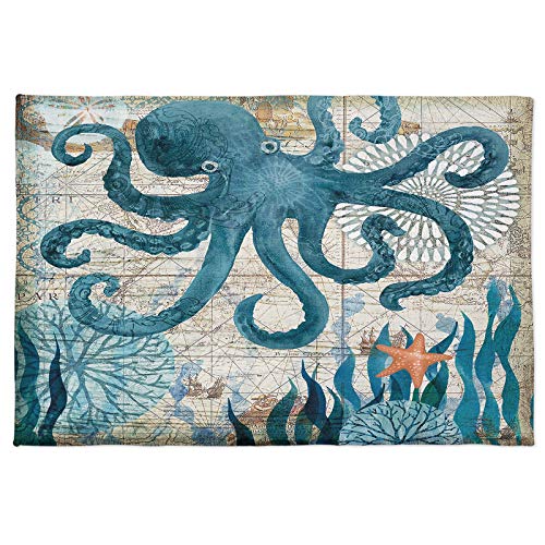 Sea Octopus Monster Fluffy Shag Bath Rug,Ocean Animal Starfish Non Slip Soft Absorbent Carpet,Vintage Map Shaggy Fuzzy Area Rug For Kitchen/Bathroom/Living Room 24×36In #TOP1