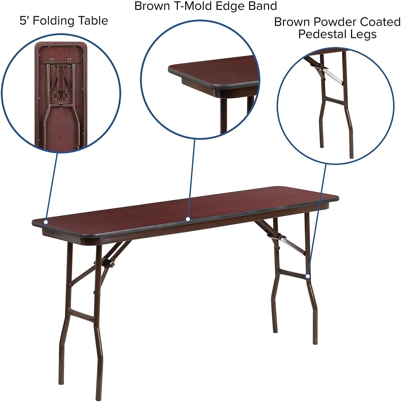 BOWERY HILL 18" x 60" Folding Table, Mahogany Finish, Rectangular Wood Top, 0.75" Thick Melamine Laminate, Training Style Table, Brown Powder Coated Pedestal Legs, Space-Saving Design for Classroom