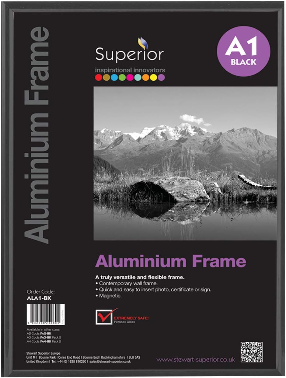 Stewart Superior A1 Brushed Aluminium Picture Frame with Perspex Safety Glass - Black