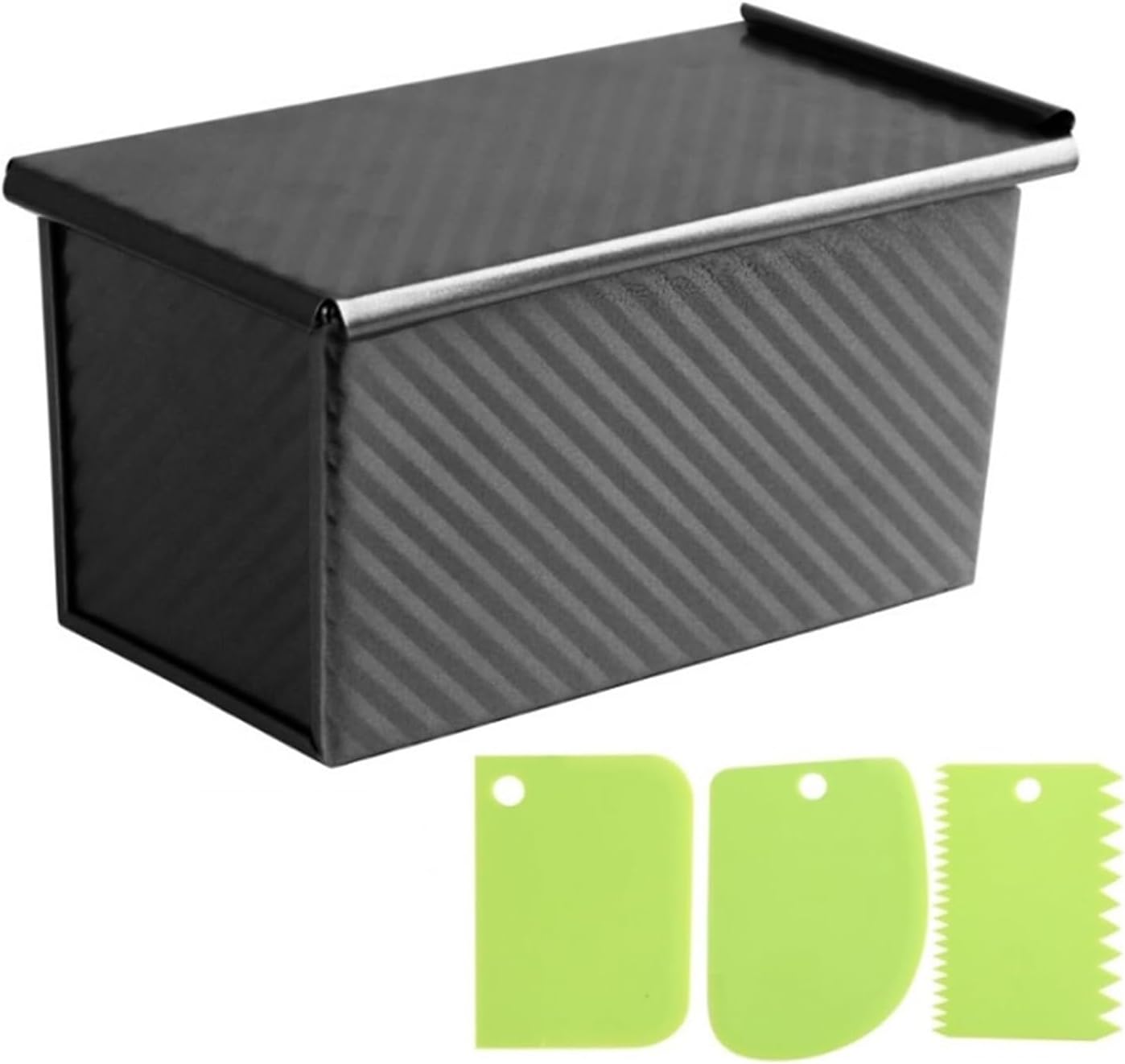 Long Loaf Pan With Lid Non-Stick Carbon Steel Bread Toast Mold With Dough Scraper Baking Supplies(Black 4pcs)