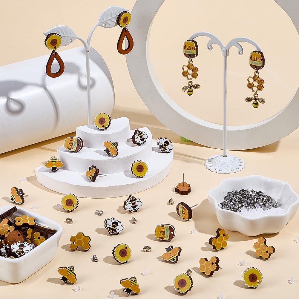 SUNNYCLUE 1 Box 30 Pairs Wood Earring Studs Wooden Bee Earrings 200Pcs Ear Hook Stainless Steel Rubber Cute Bees Themed Honey Sunflower Insect Studs for Women DIY Crafts Supplies Jewelry Making Adults image 4