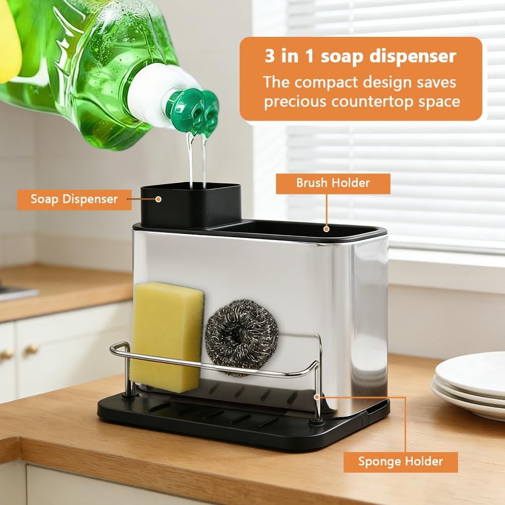 Kitchen Sink Caddy Organizer, Dish Soap Dispenser with Sponge Holder