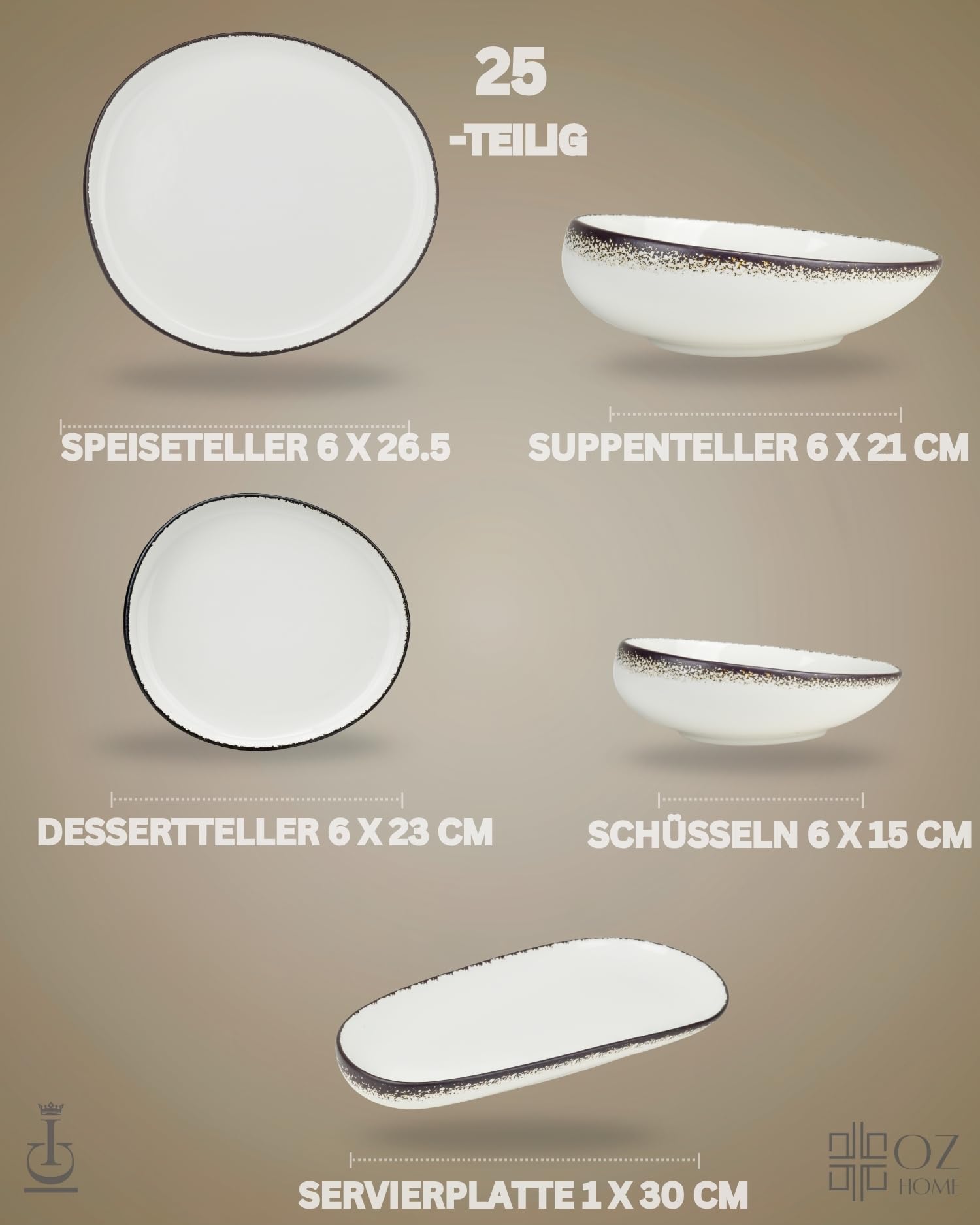 BRICARD Royan Porzellan-Geschirrset 25-teilig Weiß/Braun mit gesprenkeltem Rand – Tafelservice für 6 Personen – Teller & Schalen Set, stapelbar – mikrowellen-, backofen- & spülmaschinengeeignet