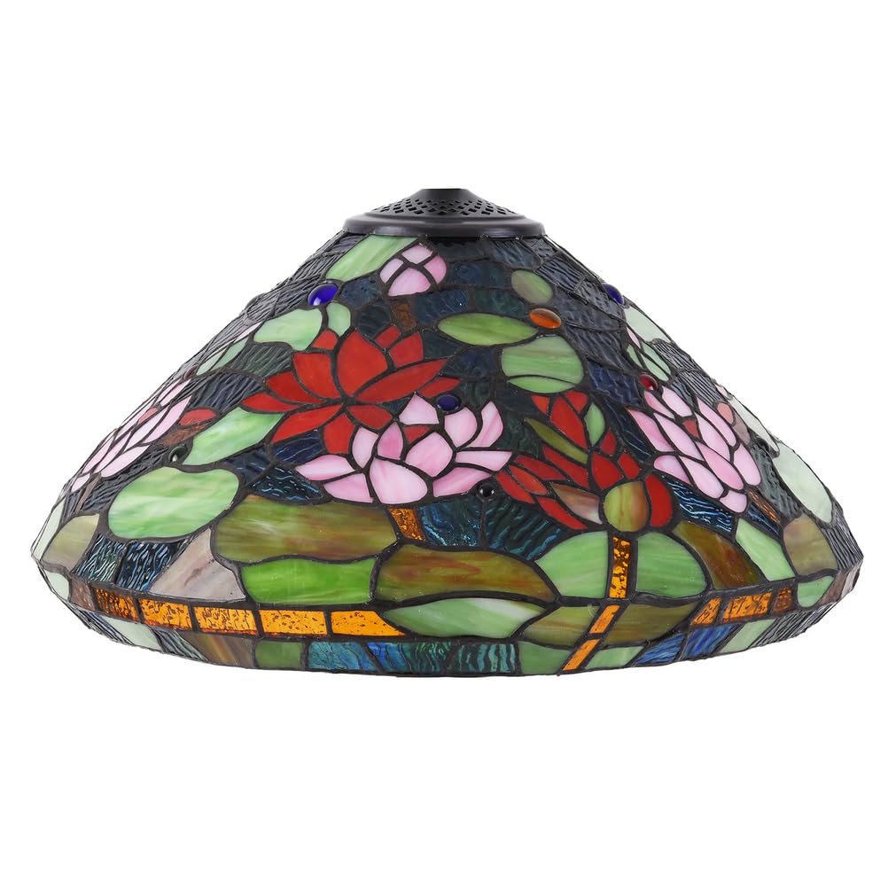 SaryEdge Large Tiffany Lamp Shade Replacement Only Dragonfly Style Stained Glass Lampshades, W16H8 Inch Flower Glass Light Cover for Table Lamps Pendant Lamps Floor Lights,Green，Lotus，Lotus
