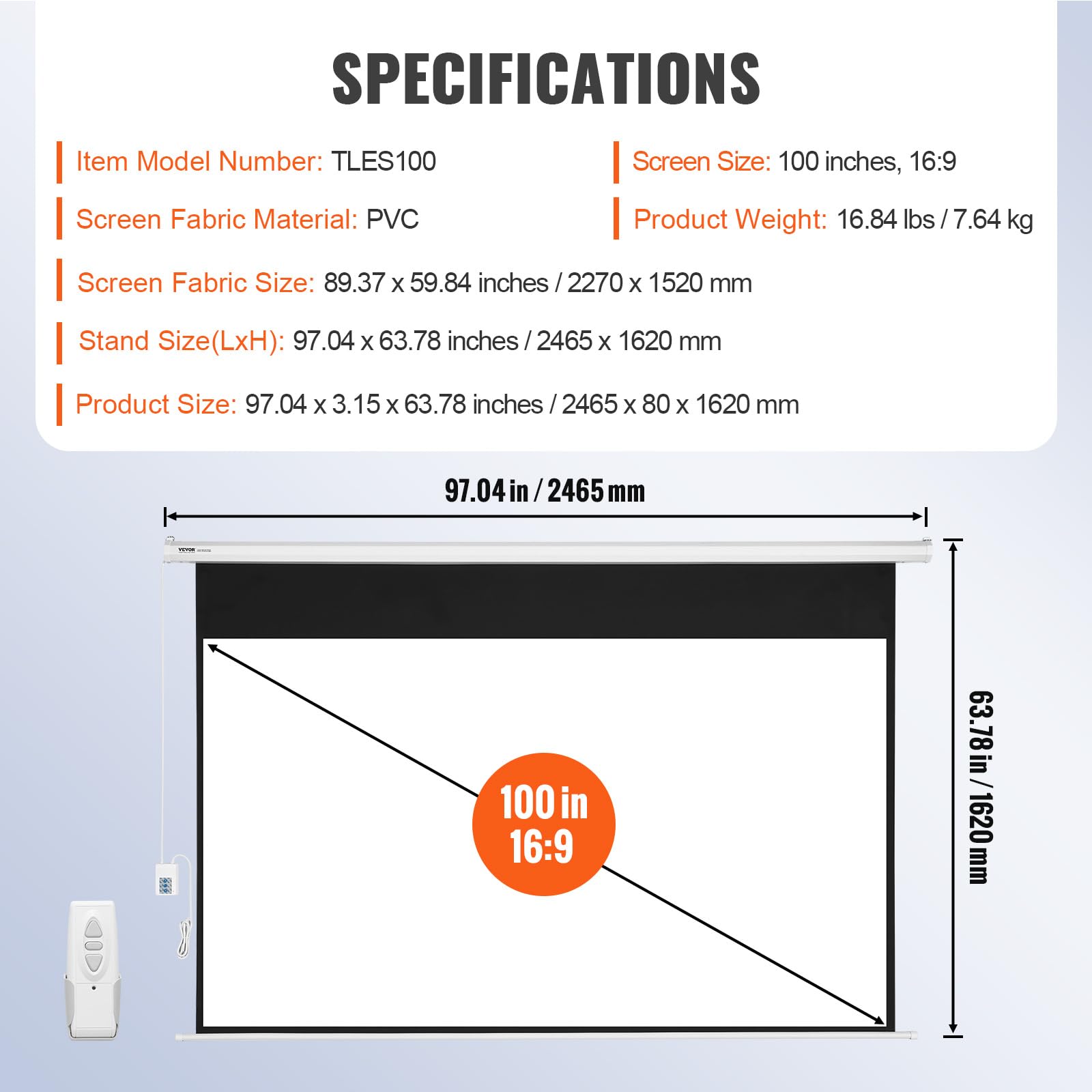 VEVOR Pantalla de Proyección Motorizada 100 Pulgadas 16:9 HD 4K 1080 Lienzo de Proyección Antiarrugas con Control Remoto Amplio Ángulo de Visión Montaje Directo en Pared para Proyectores de Video