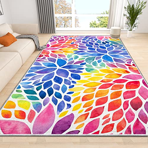 Abstract Colorfu Area Rug Modern Rainbow Dahlia Floral Rugs Multicolor Area Rugs, Non-Slip Machine Washable Floor Carpet For Bedroom Living Room Home Office Decor 8' X 10' #TOP30