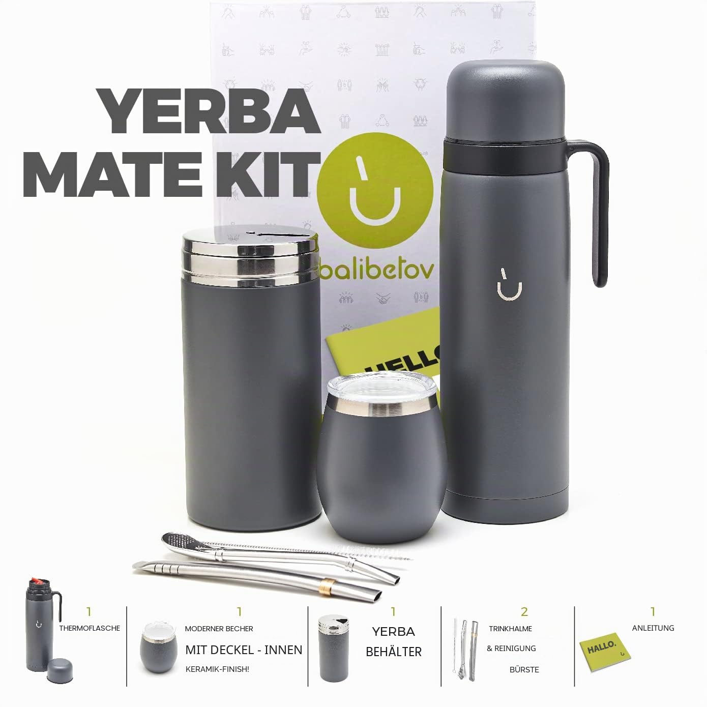 BALIBETOV Komplettes Yerba Mate Set – Moderner Mate Gourd, Thermos, Yerba Behälter, zwei Bombillas und Reinigungsbürste im Lieferumfang enthalten – Alle Premium Qualität 304 18/8 Edelstahl