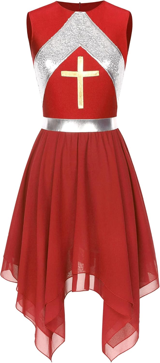 Women Metallic Cross Worship Dance Overlay Tunic Dress with Wide Leg Pants Liturgical Dance Outfit