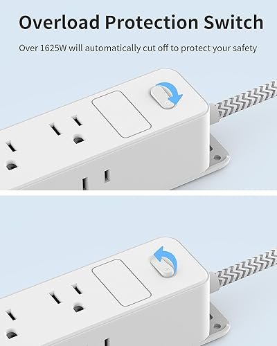 Miniatura 6 de Regleta protectora de sobretensiones, cable de extensión de enchufe plano trenzado de 5 pies, 12 salidas de CA, diseño envolvente de 3 lados,