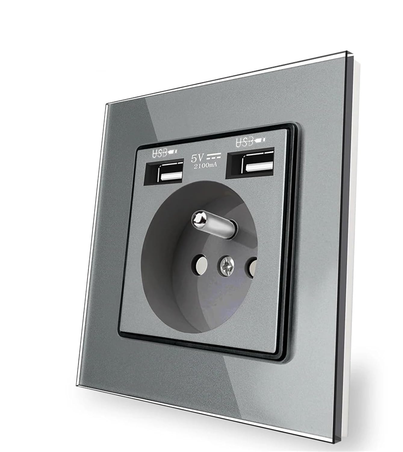 Wall Power Socket, 5V 2100mA Double Security Charging Interface, Toughened Glass Panel 16A France Standard Outlet(Black (with USB))