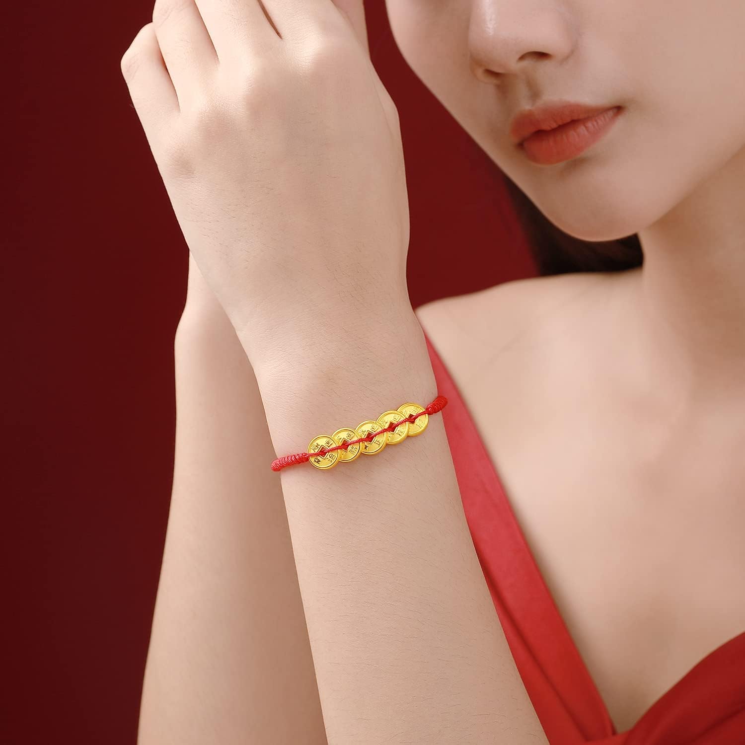 24K Solid Gold Bracelet Fortune Coins Real Gold Charm Bracelet Braided Bracelet Adjustable Dainty Jewelry for Women Mother Lover Her Anniversary Birthday