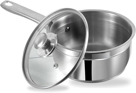 Vinod Two Tone Stainless Steel Saucepan with Glass Lid 2.3 Litre, 18 cm 6.2mm Thick | SAS Bottom | Sturdy Riveted Handle | | Induction Friednly - Silver