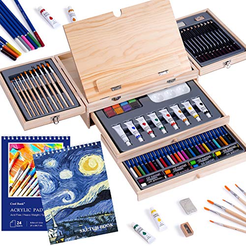 Art Set 85 Piece with Built-in Wooden Easel, 2 Drawing Pad, Art Supplies in Portable Wooden Case-Painting & Drawing Set Professional Art Kit