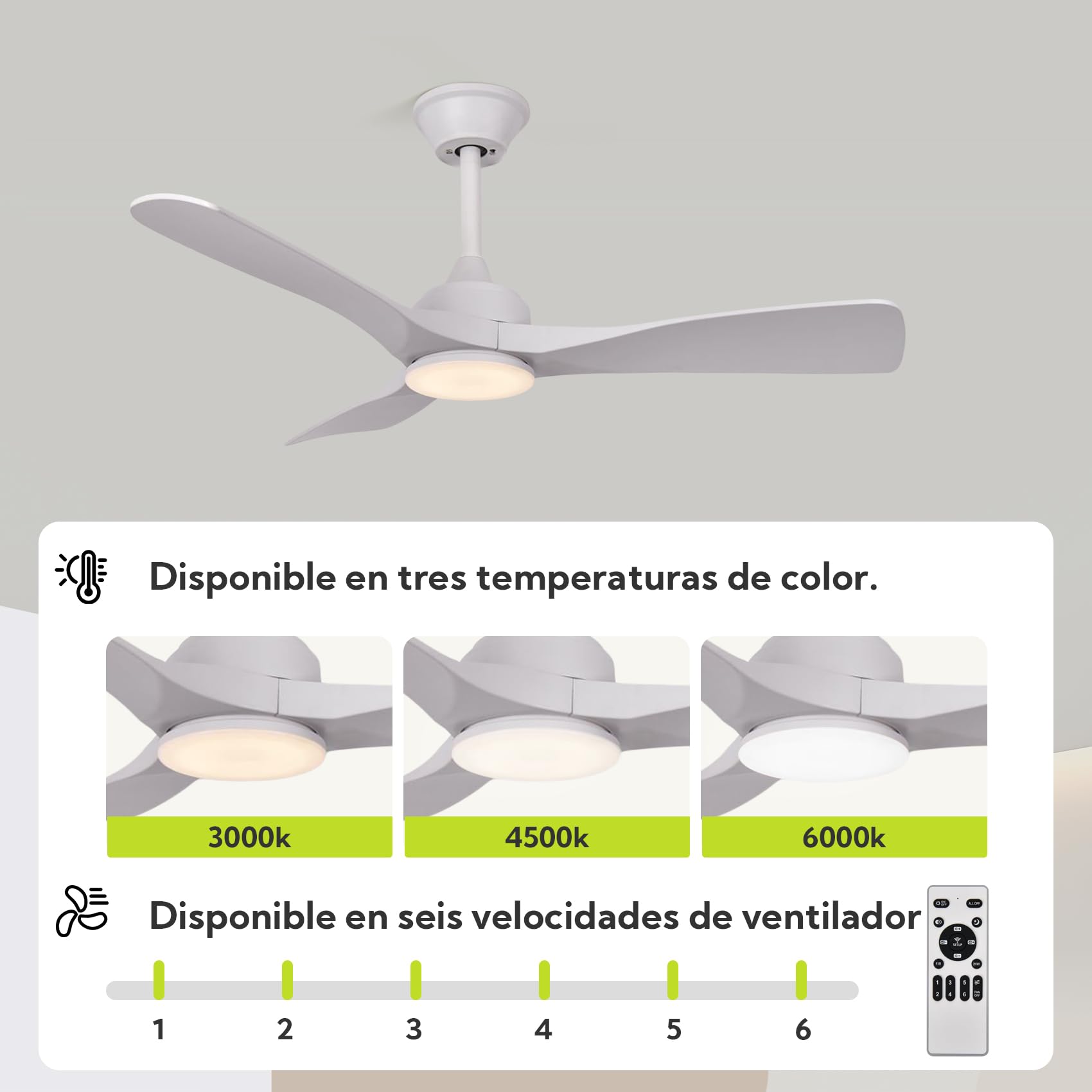 Ventilador de Techo con Luz y Mando a Distancia 106cm, Motor DC Silencioso, 3 Aspas plástico Blanco, Plafón LED Regulable 3 Tonos, Ventilador Moderno de Bajo Consumo, Blanco