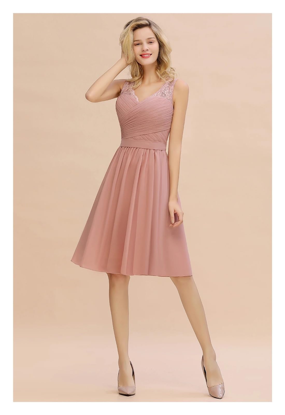 Abito da Damigella d'Onore con Scollo a V Sottoveste, Gonna in Chiffon a Trapezio, Lunghezza al Ginocchio, Abito Sposa, Donna(Burgundy,2)