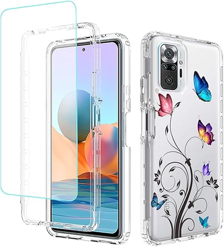 Funda para Redmi Note 10 ProNote 10 Pro Max con protector de pantalla de vidrio templado, carcasa rígida de diseño floral de cuerpo completo + funda