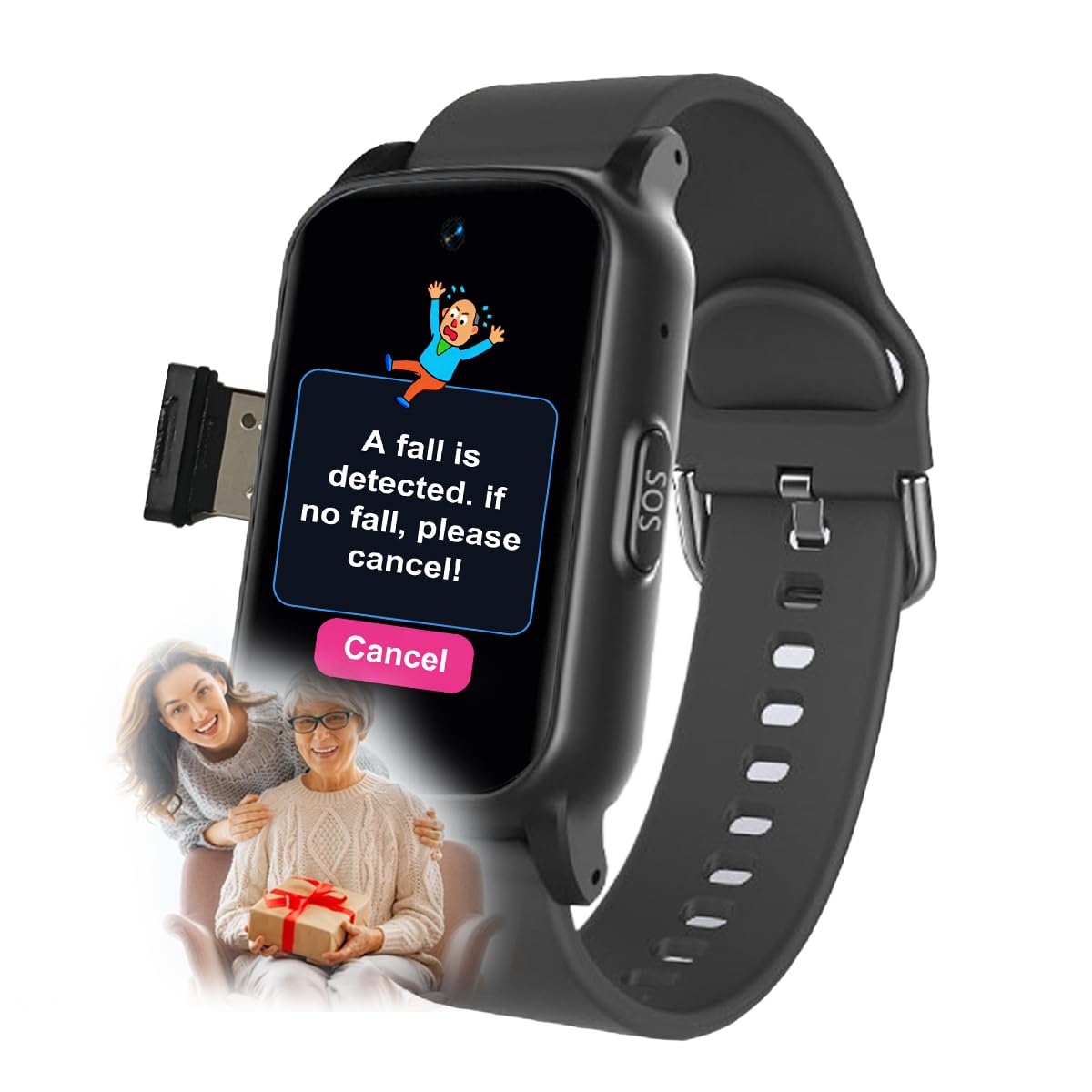 Reloj Inteligente con Detección De Caídas para Personas Mayores, con GPS, Botón SOS, Llamada Bidireccional Resistente Al Agua Reloj Localizador De Personas MayoresBlack,1.25 * 0.57 * 2.22inch