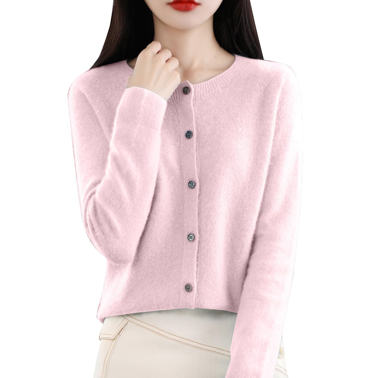 Cashmere Cardigan Sweaters for Women Lightweight Wool Button up Tops Long Sleeve Crew Neck Cozy Fall Winter Clothes