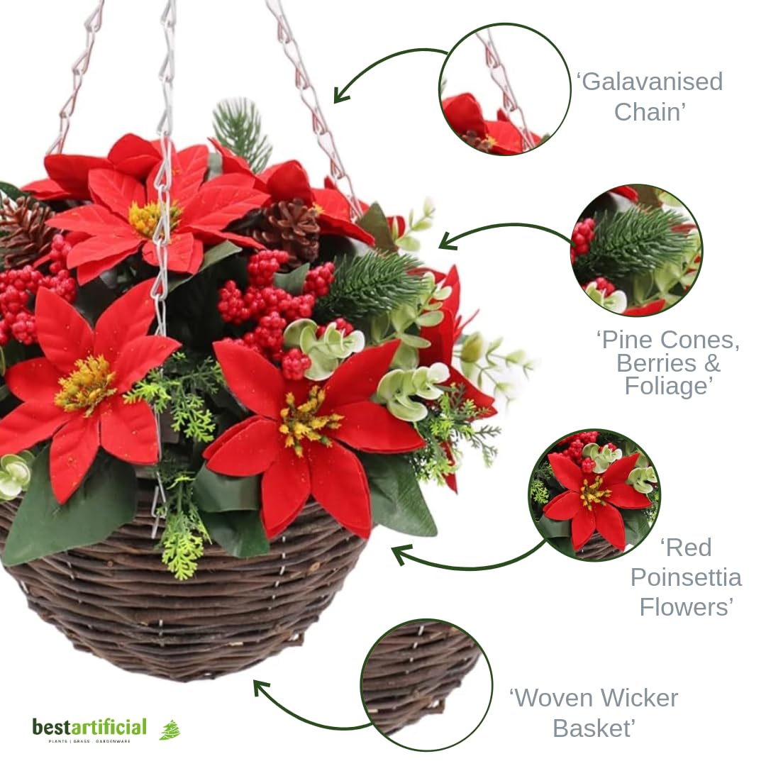 Best Artificial Weihnachtsstern-Hängekorb, 30 cm, rote Blumen, Beeren, Tannenzapfen, 1 Paar