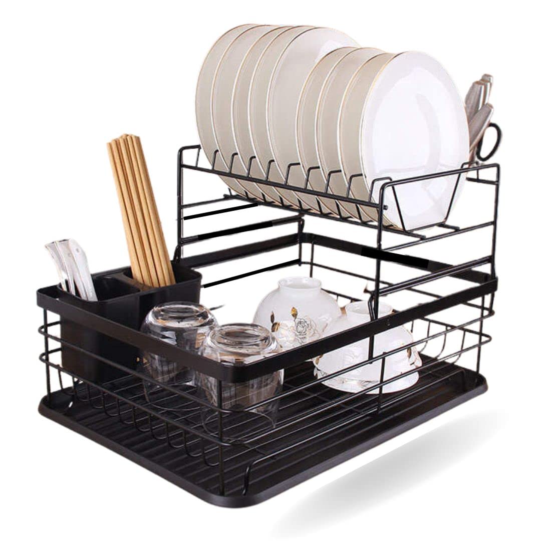 SFIXDish Drying Stand 2 Tiers With Drainer Large Kitchen Dish Rack with Removable Utensil Holder and Cup Holder Baking Paint Process Coatings Dish Drainer