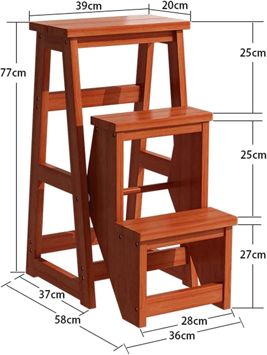 Modern Multi-Functional Step Stool Library Ladder Chair Library Furniture Folding Wooden Stool Chair Step Ladder for Home Maximum Load 150kg (Wood Color)