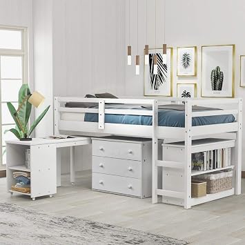 Low Profile Twin Loft Bed with Rolling Desk and Integrated Storage Cabinet Space Saving Study Bed with Bookshelf, Drawers Length Safety Guardrail White/Twin