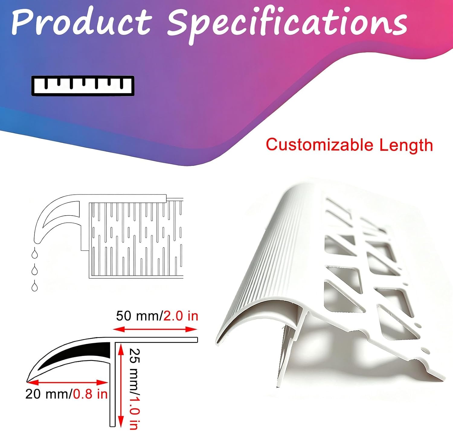 20mm Wide White Waterproof Anti-Rust Drip Edge Molding for Roofs, Gutters, and Windows - Durable, Weather-Resistant Trim for Home Exterior Protection