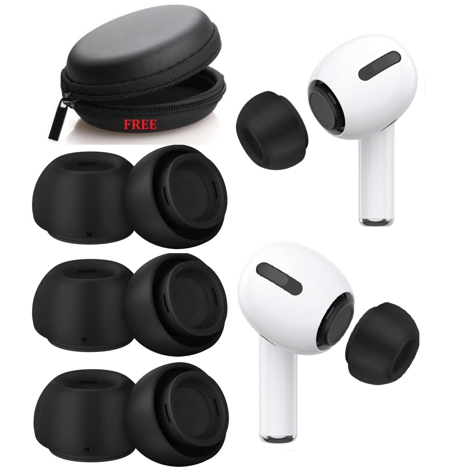 REDWIND Replacement Silicone 3-Pair Ear Tips for AirPods Pro & Pro 2 Noise Isolation Dust Guard Net Anti-Slip Earbuds Tighter Seal, Fits in The Charging Case with Free Pouch Case (Medium - Black)