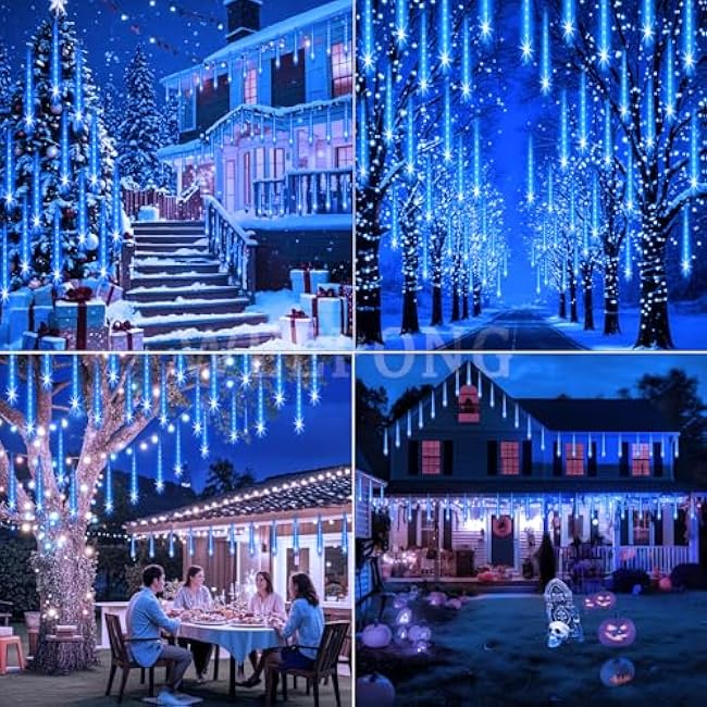 Meteor Shower Lights Outdoor Christmas Lights UL Certified Falling Rain Drop Snowfall Icicle Cascading String Light for Xmas Holiday Tree Wedding Party Garden Decor Blue, 12 Inch 8 Tubes