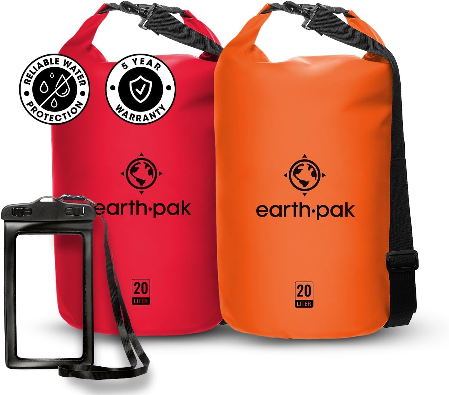 Earth Pak Waterproof Dry Bag - Roll Top Waterproof Backpack Sack (Orange 5L & Red 10L)