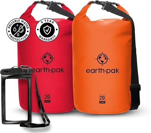 Earth Pak Bolsa seca impermeable - Mochila impermeable con parte superior enrollable (naranja 5L y rojo 10L)