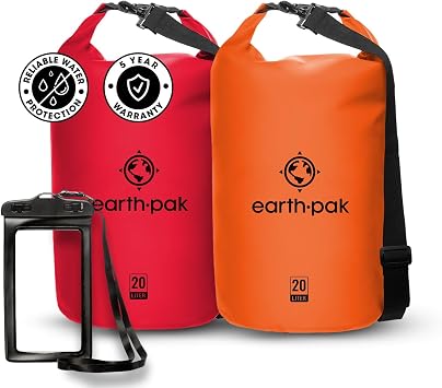 Earth Pak Waterproof Dry Bag - Roll Top Waterproof Backpack Sack Orange 5L & Red 10L