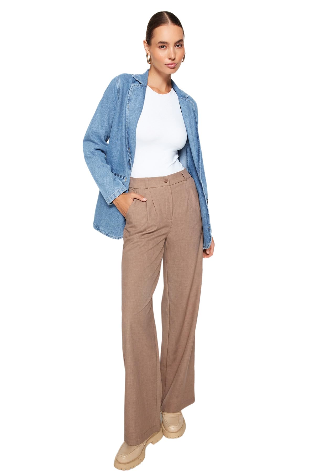 Trendyol Damen Gerade Weites Bein Normale Taille Hose