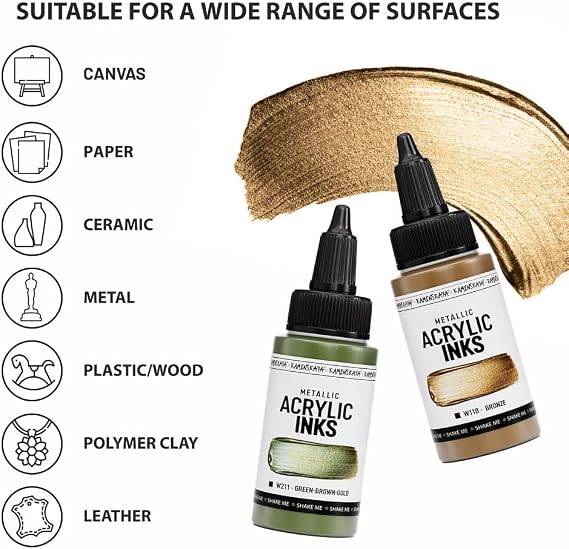 Kamenskaya Acrylic Inks for Artists - Metallic Acrylic Paint Set - 1-oz (30 ml), Set of 4