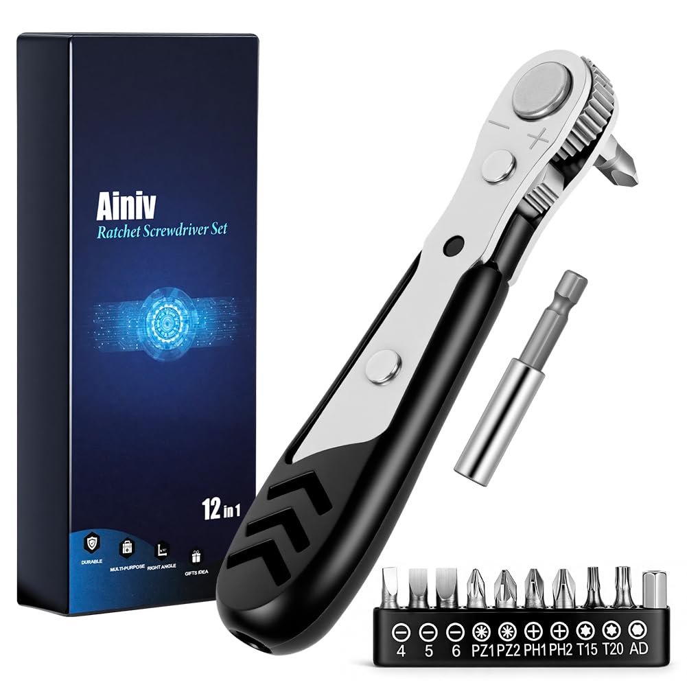 Ainiv 12 Piezas Mini Destornilladores Trinquete, Magnético Ángulo Recto Llave Carraca Pequeña Reversible de 6mm Con 1 Varilla Extensión y 10 Puntas Destornillador, 36 Dientes para Espacios Reducidos