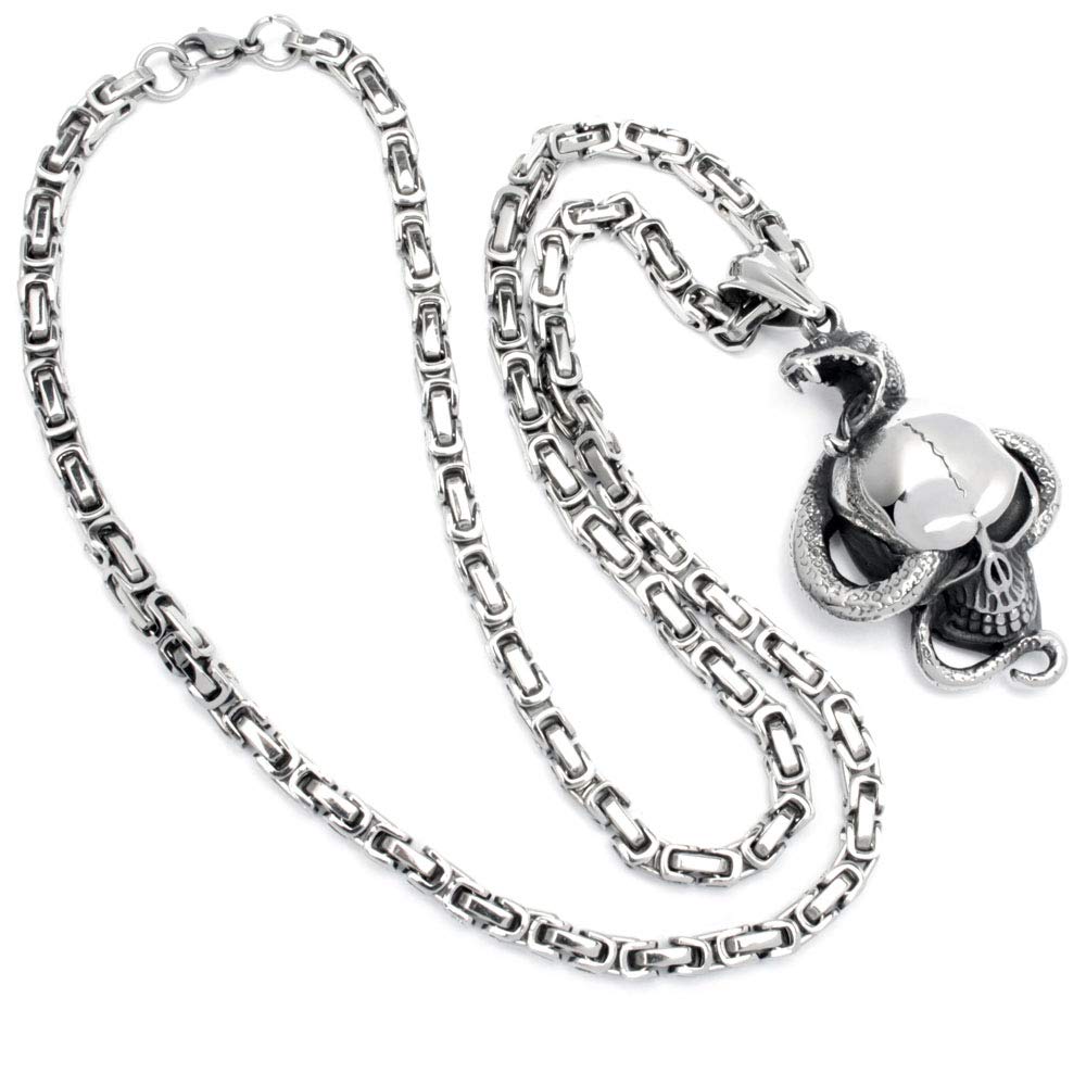 Totenkopf mit Schlange + Königskette 316L Edelstahl Anhänger Halskette Bikerschmuck Skull Schädel Totenschädel Herrenschmuck Männer Geschenk