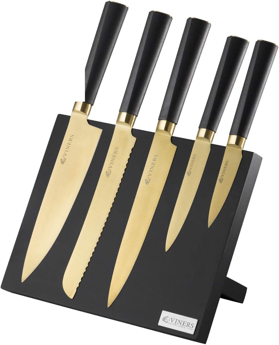 Viners Titan Knife Block Set of 5 Kitchen Knives with Magnetic Knife Block; Chef, Bread, Craving, Utility & Paring Knives, Gold, Stainless Steel, 0305.140