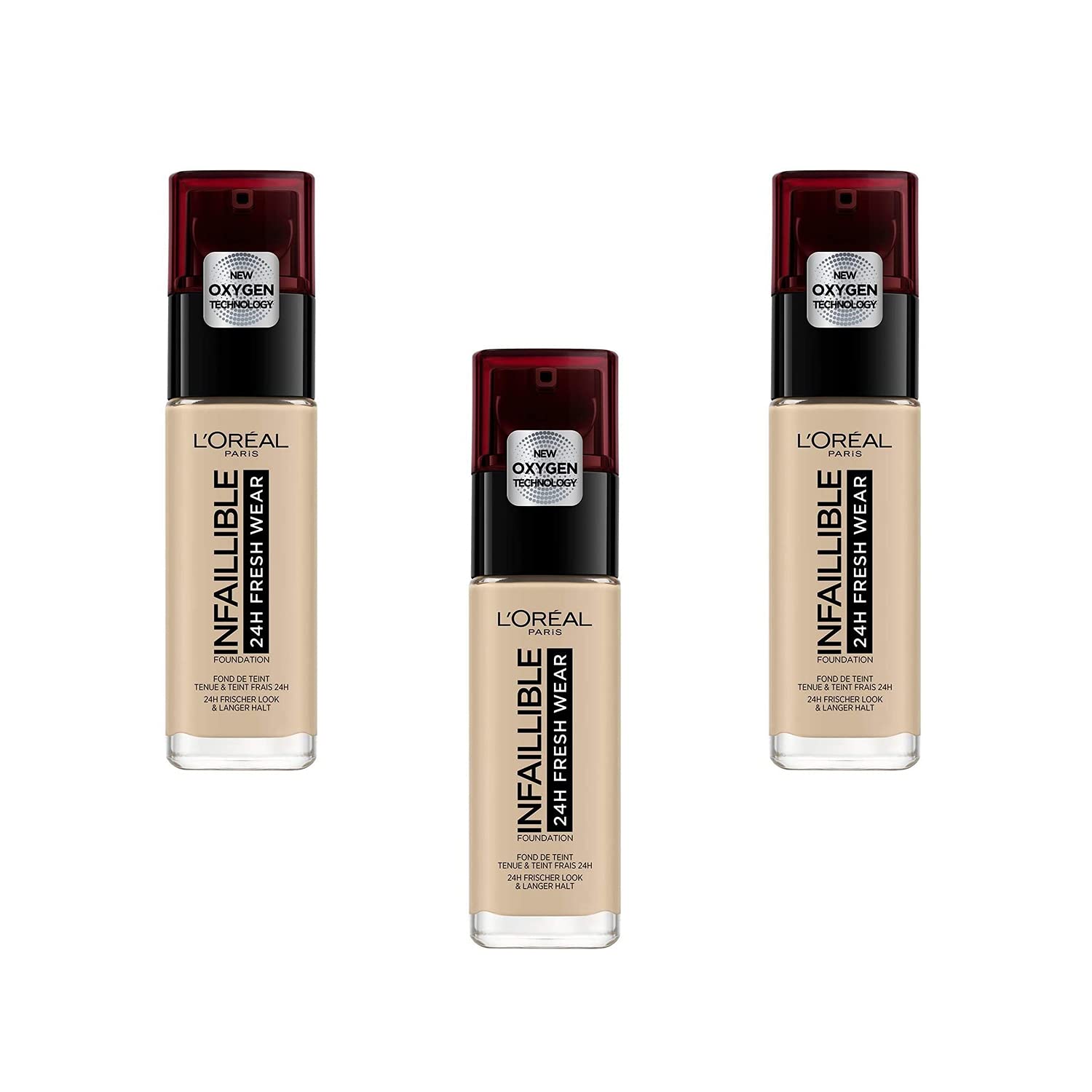 L'Oréal Paris Fond de Teint Fluide Infaillible 24h Fresh Wear - Tous Types de Peaux - 130 Beige Peau, Lot de 3 (3 x 30 ml)