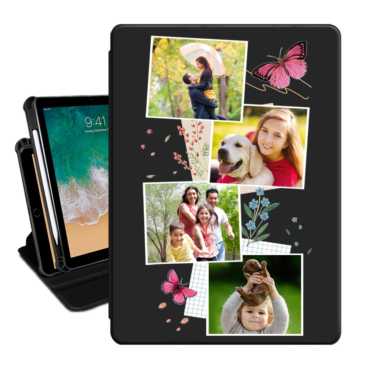 Customize Rotating Kickstand Photo Collage Name Customizable Personalize Case Transparent Back Smart Sleep/Wake Cover/Pencil Holder for iPad Air 13"