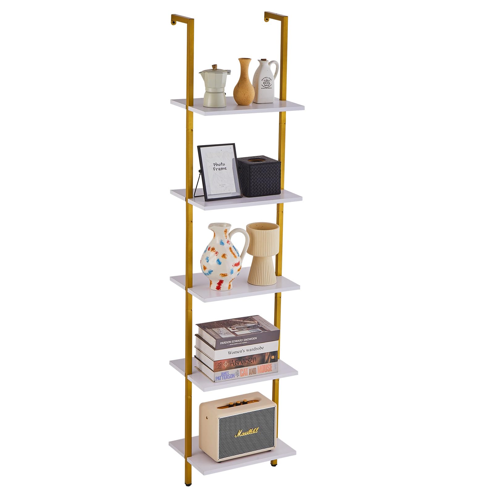 VEVOR Mensola in Tubo Quadrato Industriale, 5 Ripiani 400 x 300 mm, Mensole Galleggianti in Legno Rustico da Parete, Supporto per Libreria, Portaoggetti per Cucina, Bagno, Soggiorno, Oro Bianco