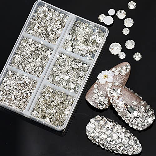 LordHighting 2600 Pieces Clear Hotfix Rhinestones, 6 Mixed Sizes Crystal Flatback Rhinestones for Nail Art, 3D White Diamonds Nail Charms, DIY Crafts Face Phones Clothes Shoes Jewelry Bag