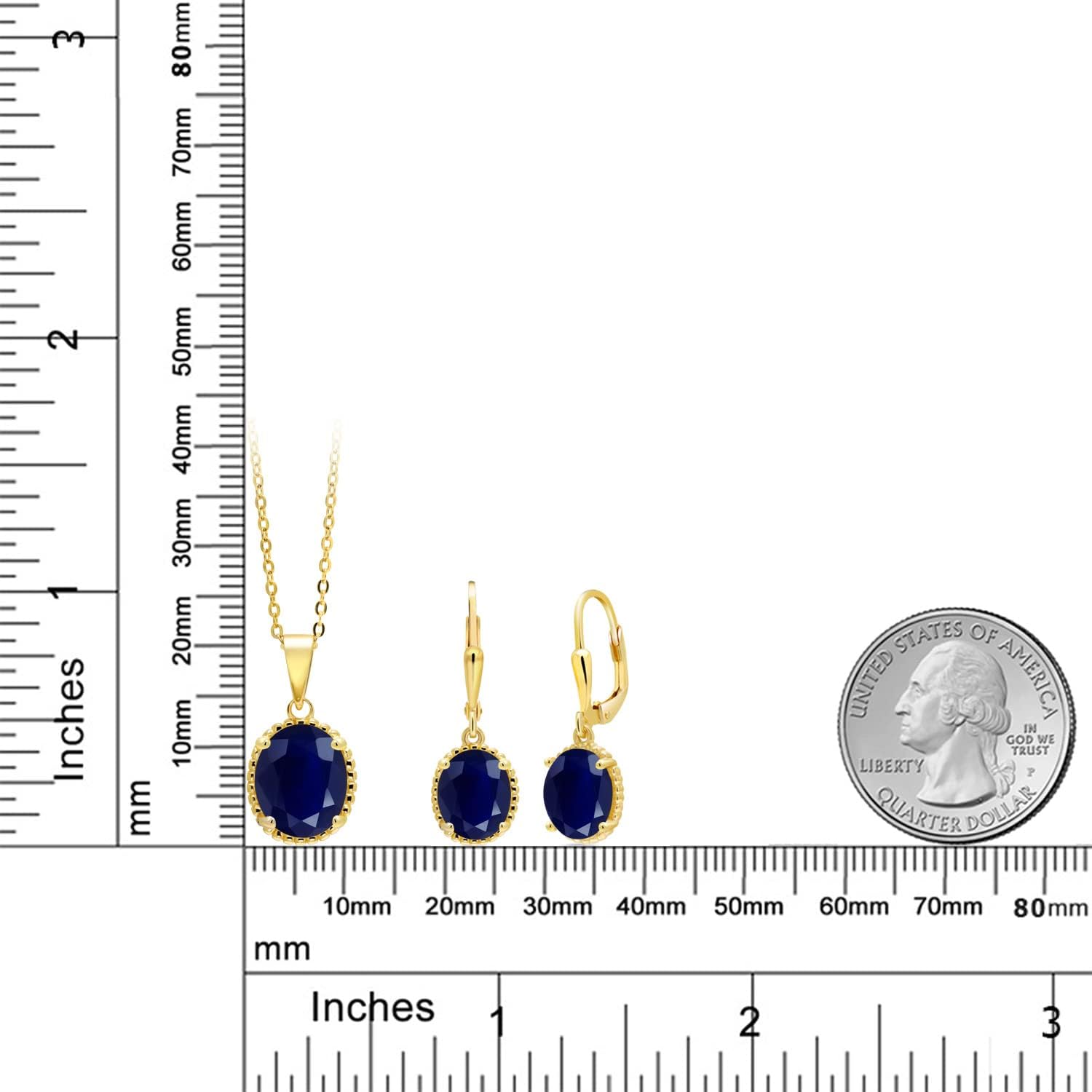 Gem Stone King 18K Yellow Gold Plated Silver Blue Sapphire Pendant and Earrings Jewelry Set For Women (10.00 Cttw, Oval Gemstone Birthstone, with 18 Inch Chain) - Image 3