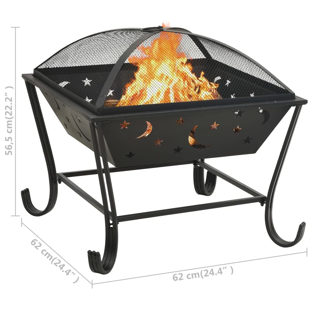 Stahl Feuerkorb XXL 62 cm mit Schürhaken und Funkenschutz für Terrasse, große Feuerschale für langanhaltende Wärme im Garten