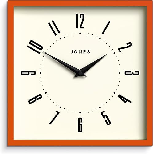 JONES CLOCKS Reloj de pared de caja, cuadrado retro, 10 pulgadas, naranja, números fáciles de leer, perfecto para cocina u oficina