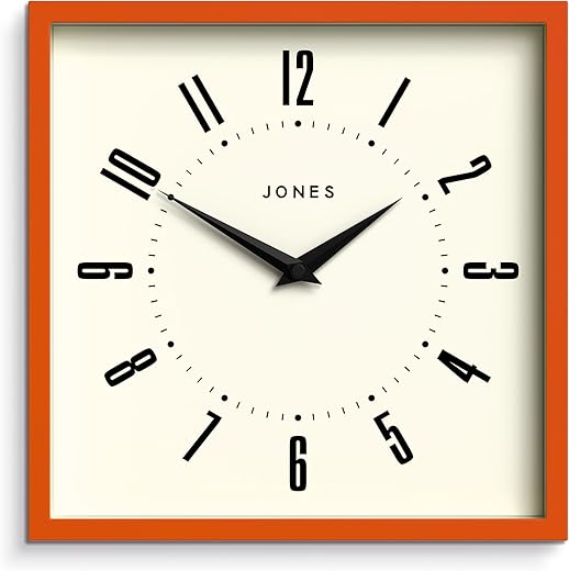 JONES CLOCKS® Box Wall Clock | Retro Square | 10 inch | Orange | Easy to Read Numbers | Perfect Kitchen or Office Clock
