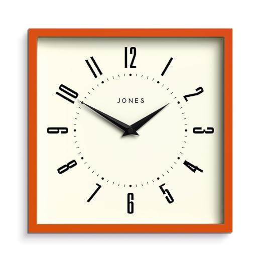 JONES CLOCKS® Box Wall Clock | Retro Square | 10 inch | Orange | Easy to Read Numbers | Perfect