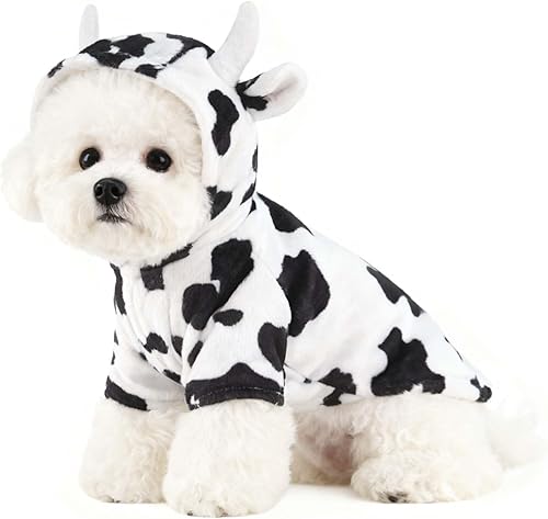 FLAdorepet Disfraz de vaca para perro de Halloween para perro pequeño, mediano y grande, chaqueta de forro polar de invierno, abrigo con capucha,
