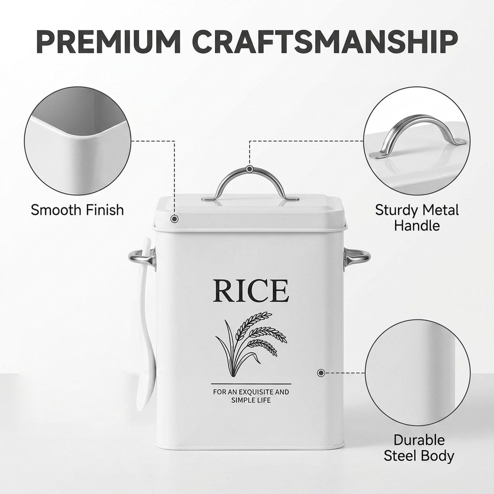 Recipiente para Arroz, Cuchara, Lata, Cubo de Cereales para Despensa, Cocina, Comida para Gatos