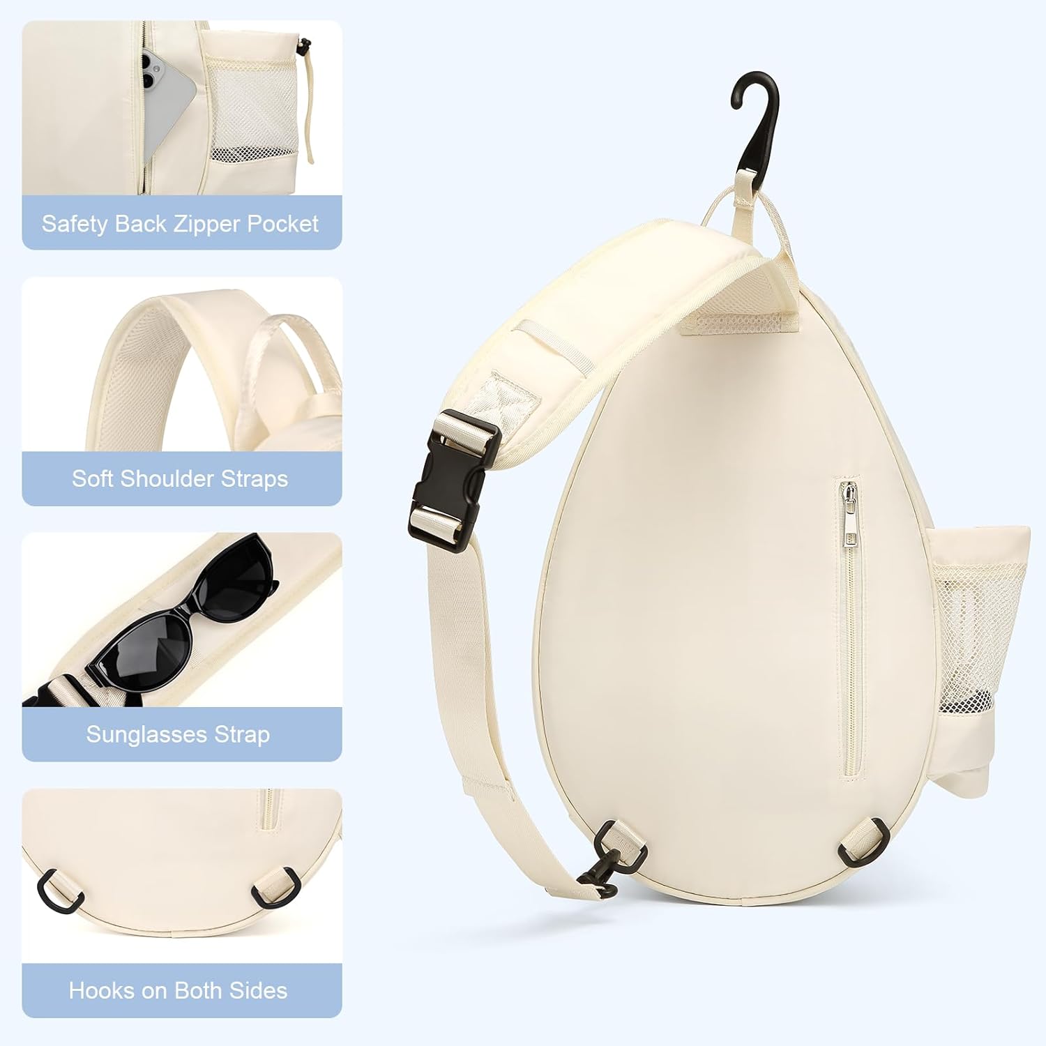 Tennis Bag, Tennis Backpack Holds 2 Rackets, Quilted Crossbody Sling Bag, Waterproof Pickleball Bags with Safety Pocket for Women and Men - Image 3